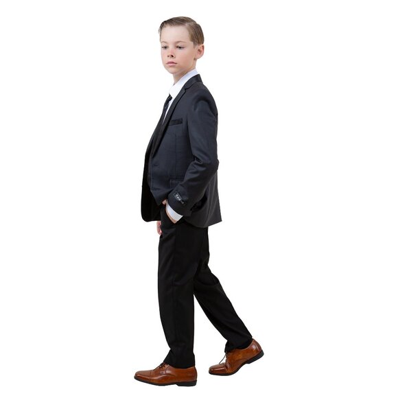 Boys 4pc Charcoal Suit Set Slim-Fit w/ Tuxedo Look by Tazzio - Picture 2 of 4